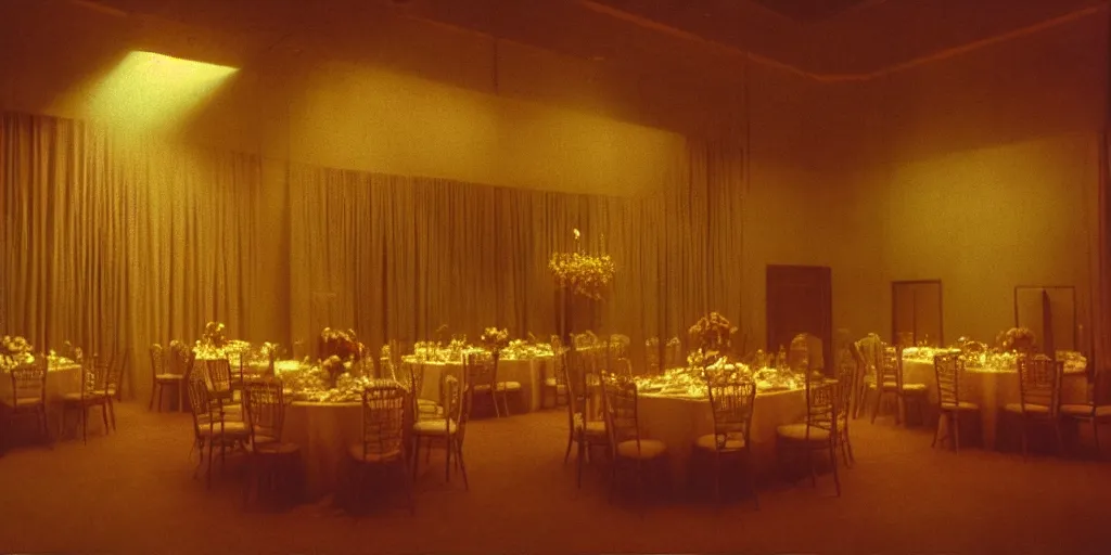 Image similar to a phantom hovers inside of a banquet hall. dramatic soft color lighting ( 1 9 8 4 ).