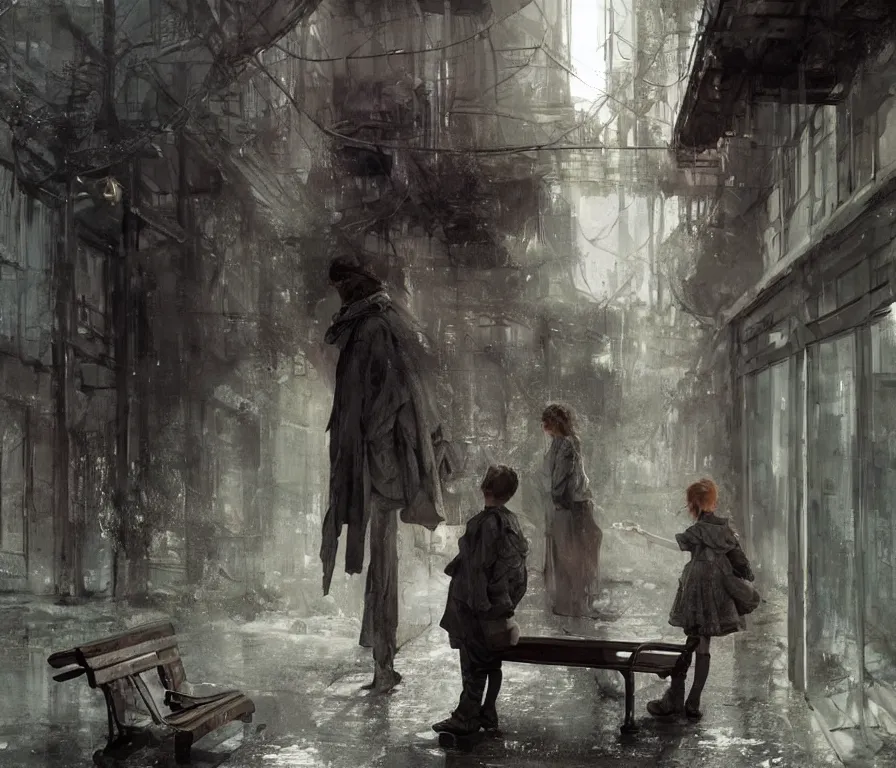 Image similar to sadie sink in oversized school uniform. waits on a bench | a bench along a wall. next to a door. in an office building. concept art for scifi dystopian film. by nikolay makovsky, bob byerley, wadim kashin, andrea kowch. cinematic moody atmosphere, detailed and intricate, perfect anatomy