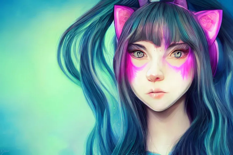Prompt: girl with cat ears, digital art, psychedelic, lsd, trending on artstation, anime style, close - up face!!! portrait, 4 k
