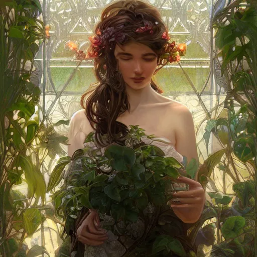 Prompt: A gorgeous young woman plant hybrid, vine and plants and flowers, intricate, digital painting, highly detailed, concept art, Artstation, Cgsociety, Artgerm, Alphonse Mucha, Wlop, cinematic lighting, sharp focus