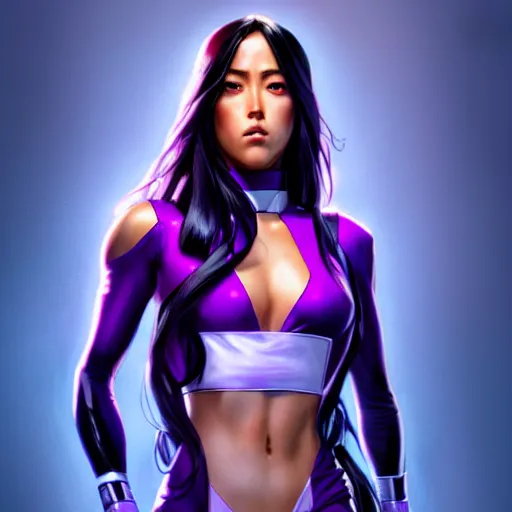 Prompt: Psylocke, Chloe Bennet, long black hair, realistic character concept, middle shot, action pose, comic book, illustration, slender symmetrical face and body, artstation, cinematic lighting, hyperdetailed, cgsociety, 8k, Rafeal Albuquerque comic book art, single face, insanely detailed and intricate, beautiful