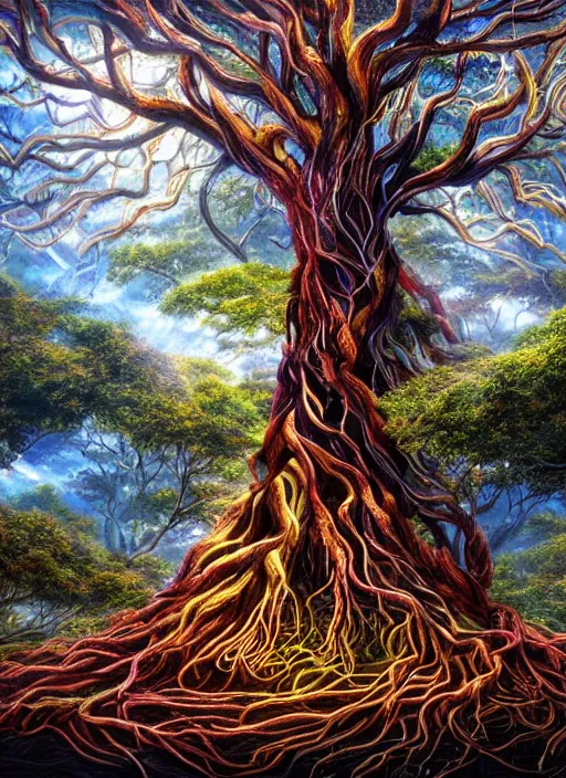 Prompt: a beautiful painted ayahuma tree with dark roots and white light in the branches, centered in the middle of the picture, god rays, shamanism, matte painting, fantasy art, ayahuasca