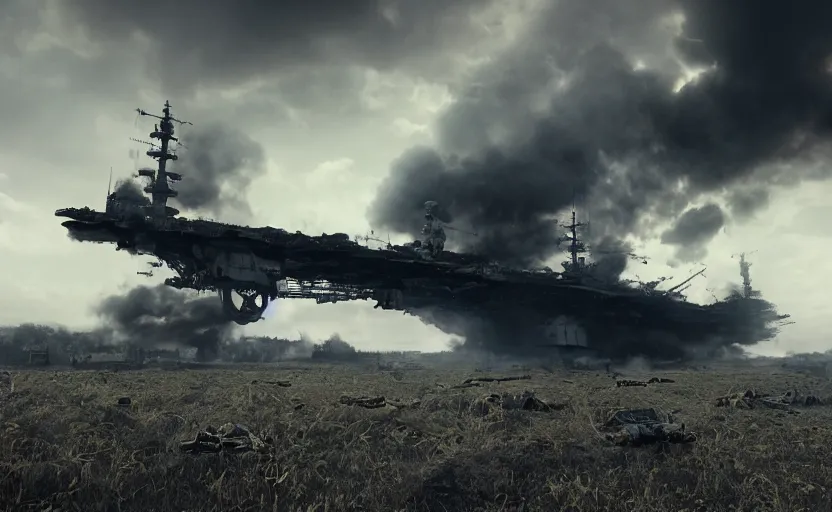 Prompt: an immense steampunk aircraft carrier crashed and burning in a field, thick black smoke billowing, turbulent storm clouds, dystopian, sharp focus, octane render, imax