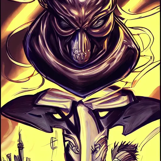 Prompt: donald trump rider symbiote, comic strip style, dynamic lighting, fantasy concept art, trending on art station, stunning visuals, creative, cinematic, portrait, ultra detailed