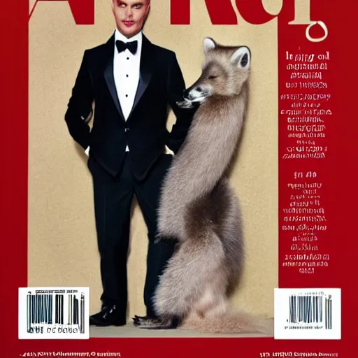 Image similar to fashion magazinecover of an anthropomorphic Arctic Fox wearing a fancy tuxedo