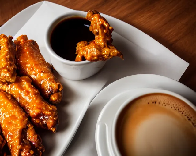 Image similar to hot wings covered in cheese next to a cup of coffee , Cinematic shot, 8k resolution