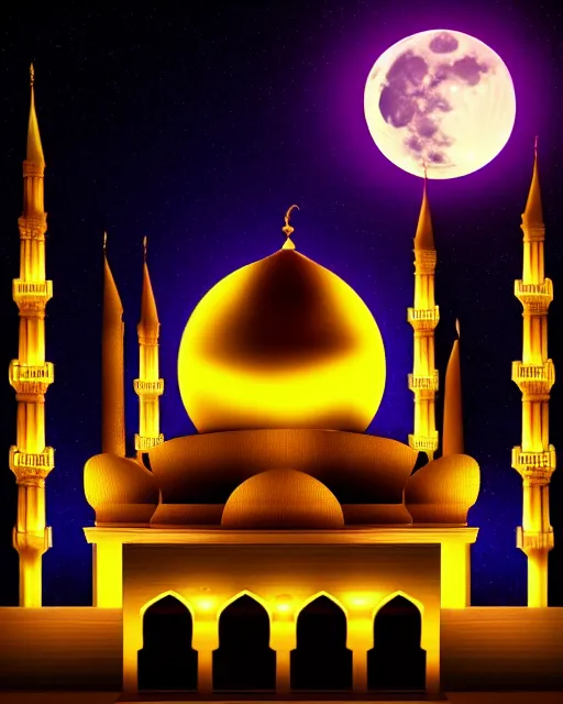 Image similar to beautiful mosque under a giant full moon, glowing arabic symbols, epic gold spires and towers, cinematic, dramatic lighting, extreme detail, artstation, sharp focus, masterpiece,