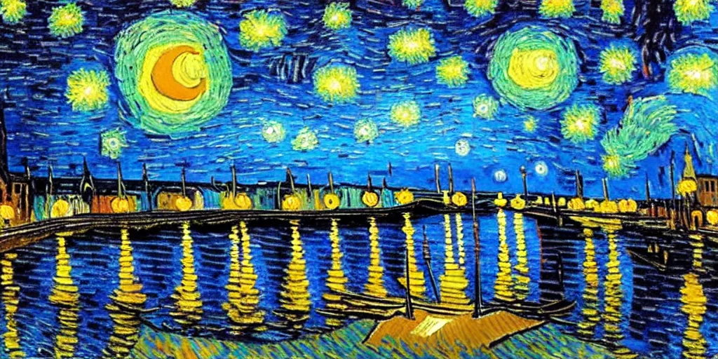 Image similar to a painting of the city of Rostock in the style of Vincent van Gogh, starry night, blue and yellow