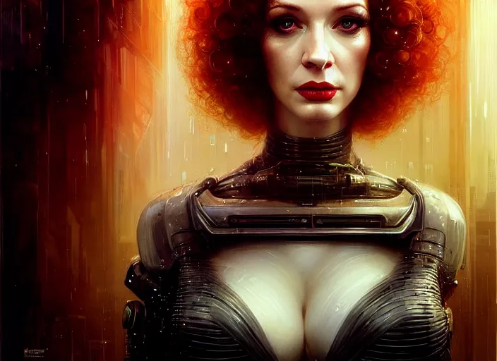 Image similar to portrait shot of christina hendricks in bladerunner wearin a cyberpunk costume, intricate, elegant, highly detailed, centered, digital painting, artstation, concept art, smooth, sharp focus, illustration, artgerm, tomasz alen kopera, peter mohrbacher, donato giancola, joseph christian leyendecker, wlop, boris vallejo