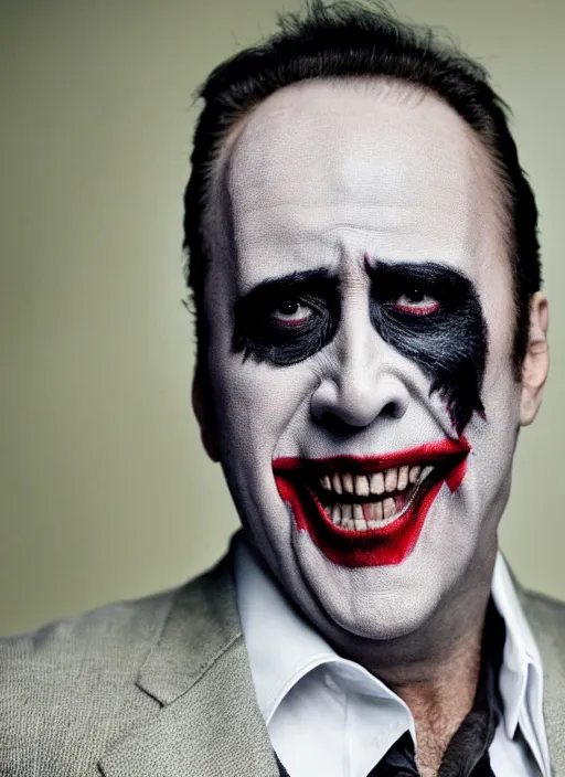 Image similar to photo of a 40-year-old Nicolas Cage (2021) as the Joker by Sergei Vasiliev, big smile, detailed, award winning, Sony a7R