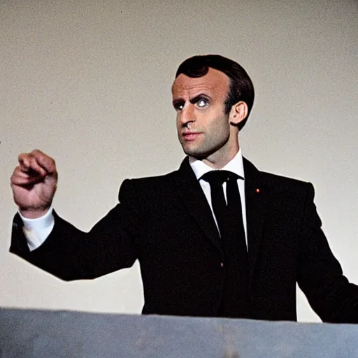 Image similar to Emmanuel Macron as a priest in American Psycho (1999)