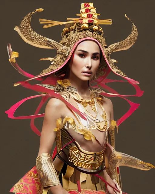 Prompt: Olivia Culpo as a temple miko in feudal japan, clear makeup, clean hair, dry skin, clear skin, airbrushed, bright eye makeup, warrior body, photo by mario testino, 8k octane render, cinematic, hyper detailed, micro details, insanely detailed, trending on artstation, concept art, Peter Paul Rubens and Peter Mohrbacher style