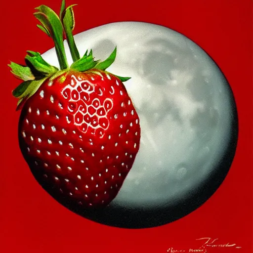 Prompt: the moon shaped like a strawberry with a strawberry texture illustration by rolf armstrong