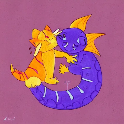 Image similar to small cute purple dragon, the dragon is hugging an orange tabby cat, soft, cozy