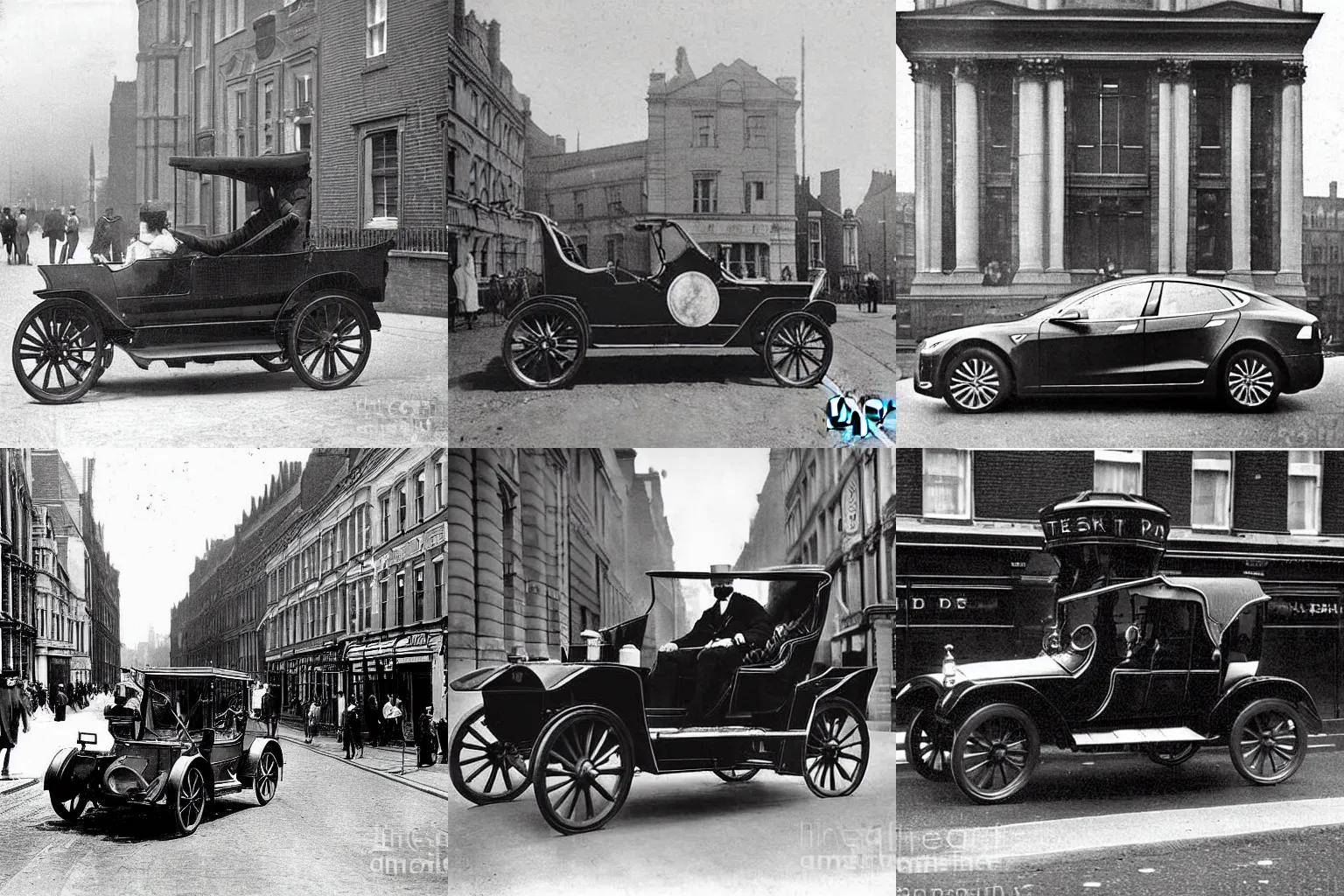 Prompt: a 1900's photograph of tesla model s plaid on streets of london, 1900's, old photograph