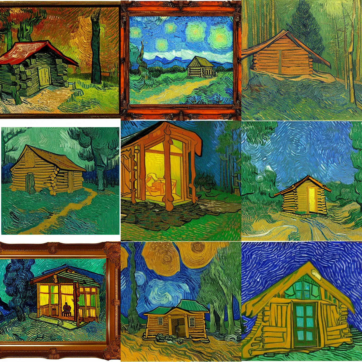 Prompt: [ a log cabin in the forest ] [ van gogh ] [ cavern ]