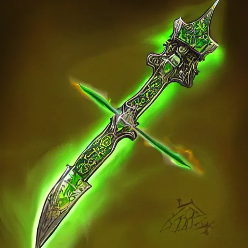 Image similar to Oil painting concept art of a magical acid sword glowing bright green, very intricate hilt, green color scheme, highly detailed concept art.