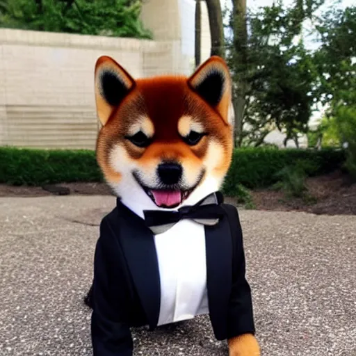 Prompt: cute shiba inu wearing a tuxedo suit