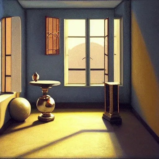 Image similar to still life painting of a room with a balcony. in the center lays an ancient holy artifact, shaped like torus ring, chromed and ornate with gentle iridescent shine from within. the ring lays on top of a pedestal. perspective from the side. realistic light and shadows. moody fantasy art, still life renaissance pastel painting. in the style of vermeer
