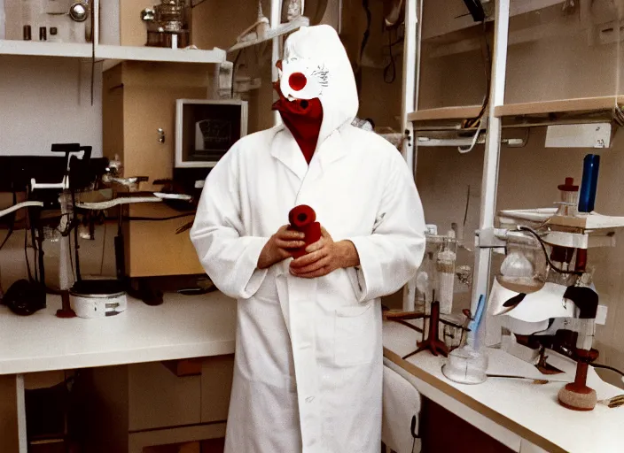 Image similar to realistic photo of the person wearing a detailed wooden bird mask white robe in a laboratory 1 9 9 0, life magazine reportage photo