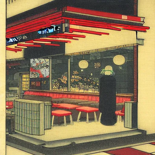 Image similar to A McDonalds at night, by Tsukioka Yoshitoshi
