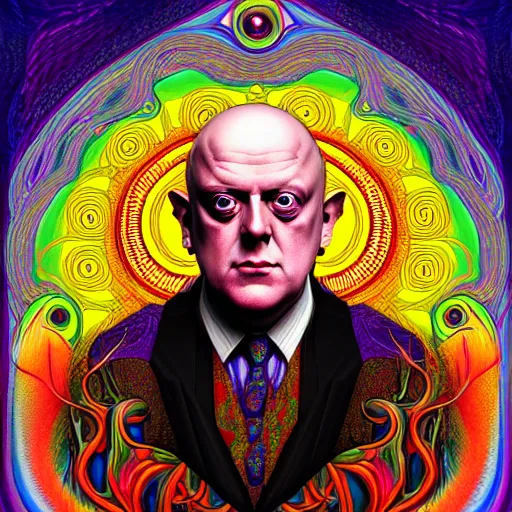 Image similar to An extremely psychedelic portrait of Aleister Crowley, surreal, LSD, face, detailed, intricate, elegant, lithe, highly detailed, digital painting, artstation, concept art, smooth, sharp focus, illustration