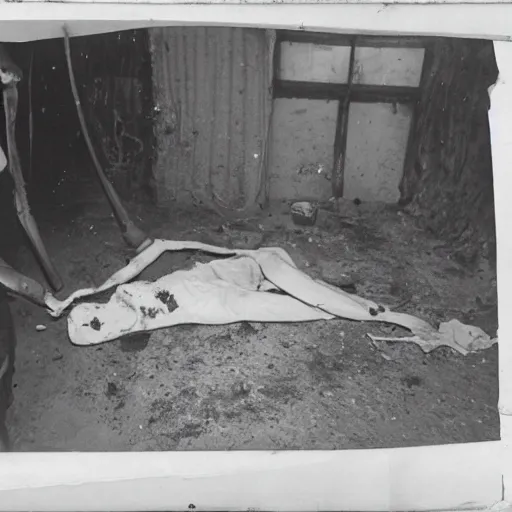 Prompt: a police photograph of a crime scene. inside the crime scene there is a corpse covered in a thin film of wet clay. the corpse is twisted and bent and wrong