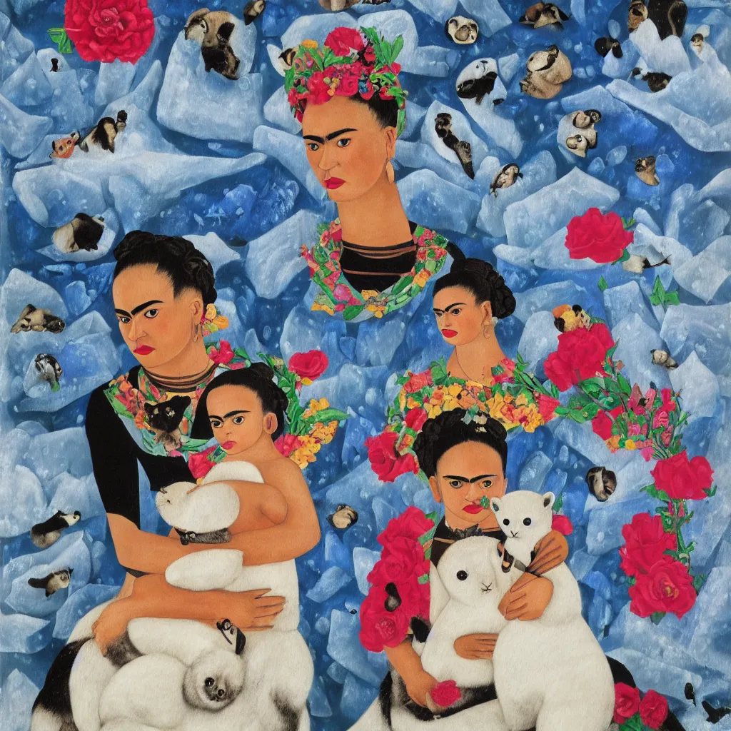 Image similar to a baby harp seal and frida kahlo, painting by frida kahlo, naive art, abstract background, glaciers and ice and snow
