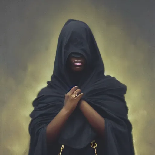 Image similar to a portrait of a young black woman wearing a long dark cloak, hood and shadows covering face, holding golden chains, oil painting, matte painting, black background, Volumetric Golden dappled dynamic lighting, Highly Detailed, Cinematic Lighting, Unreal Engine, 8k, HD, by Beksinski