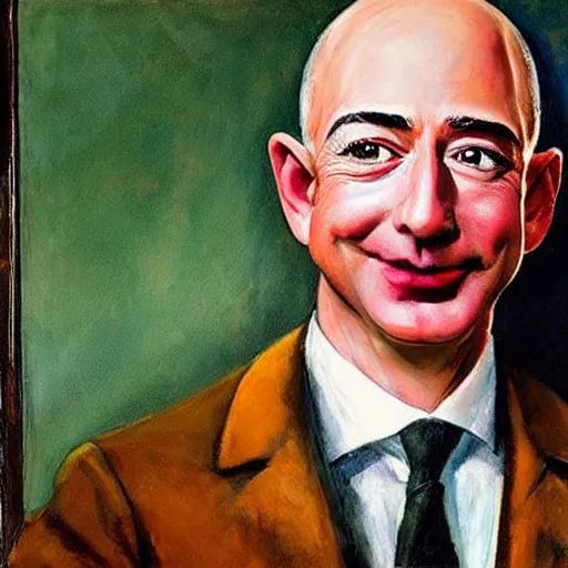 Image similar to “a deliriously happy king jeff bezos, portrait oil painting by Otto Dix, oil on canvas (1921)”