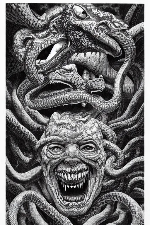 Prompt: hyper - detailed high painting of giant heads joined by snakes, the heads are open they have spiked scales and sharp teeth, the mouth is open and monstrous beings of all kinds run and scream, horror surreal art cosmic horror weird bizarre art psycho visions