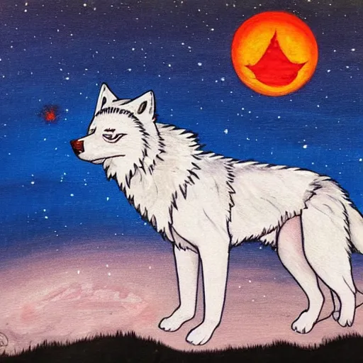 Prompt: okami white wolf with red tattoos resting under a sky full of stars, by a deep!! river, calm, acrylic on canvas, okami, cel shaded