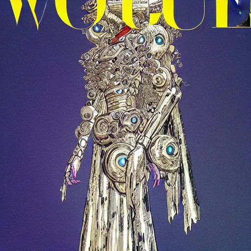 Prompt: portrait of the mysterious organic robot, vogue cover, vogue poses, beautiful futuristic ornamental cape, intricate, highly detailed, masterful, in the style of moebius, akira toriyama, jean giraud, 8 k