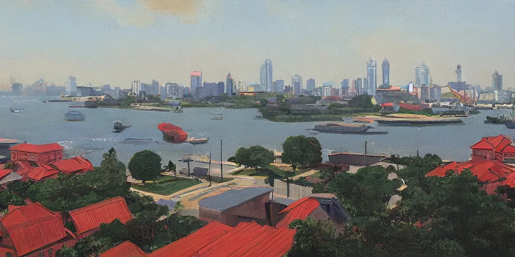 Prompt: In the foreground is a small red house, and in the background is the smoky Oriental Pearl City of Shanghai, George Ault painting style.