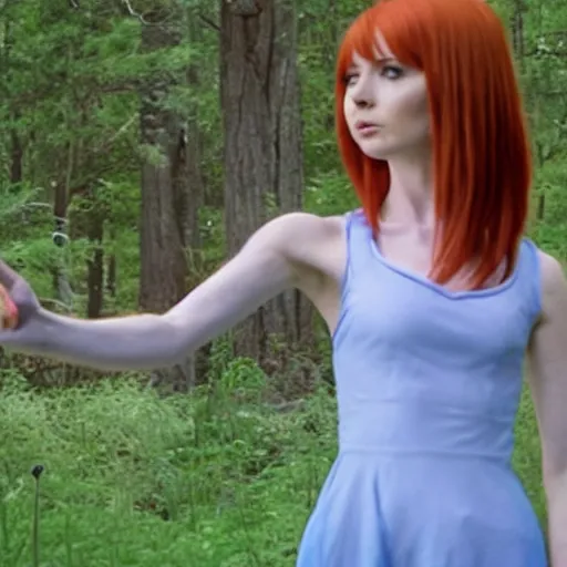 Prompt: A movie still of Karen Gillan as Misty from Pokémon: Indigo League with her left arm outstretched holding a Poké Ball