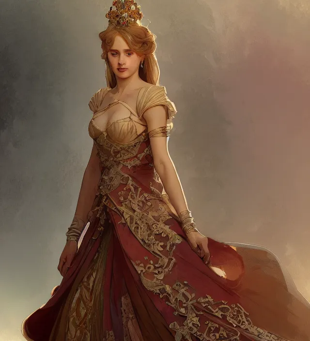 Image similar to portrait of a full body of young beautiful female princess, d & d, baroque dress, elegant, flat lighting, intricate, highly detailed, digital painting, artstation, concept art, smooth, sharp focus, illustration, art by simon bisley and greg rutkowski and alphonse mucha, natural tpose
