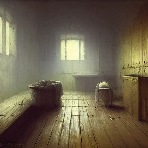 Prompt: detailed painting of a laundry room in a capsule by beksinski, filigree ornaments, fog, andreas achenbach,