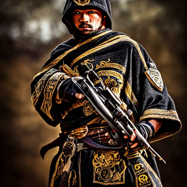 Image similar to photo of a ranger warrior with ornate robes, 8 k, hdr, smooth, sharp focus, high resolution, award - winning photo