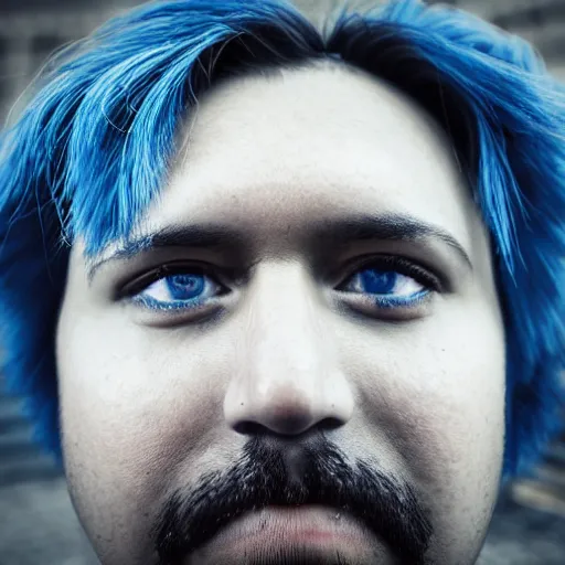 Image similar to fish eye lens close up photograph of a man with blue skin and a goatee side eyeing the camera with a sympathetic look