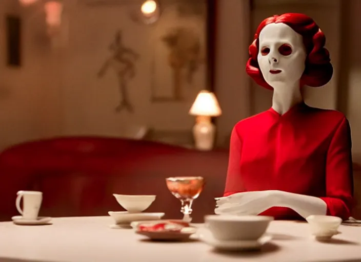 Prompt: movie still of a woman in a red dress made out of porcelain sitting at a table in a cafe, smooth white skin, creepy, directed by Guillermo Del Toro