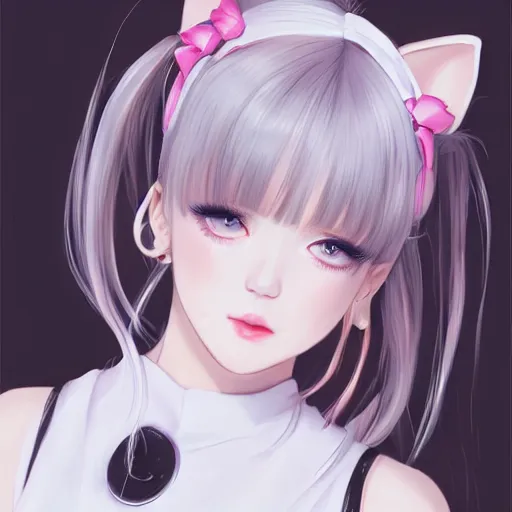 Image similar to realistic beautiful gorgeous natural cute Blackpink Lalisa Manoban white hair cute white cat ears in maid dress outfit golden eyes artwork drawn full HD 4K highest quality in artstyle by professional artists WLOP, Taejune Kim, Guweiz, ArtGerm on Artstation Pixiv