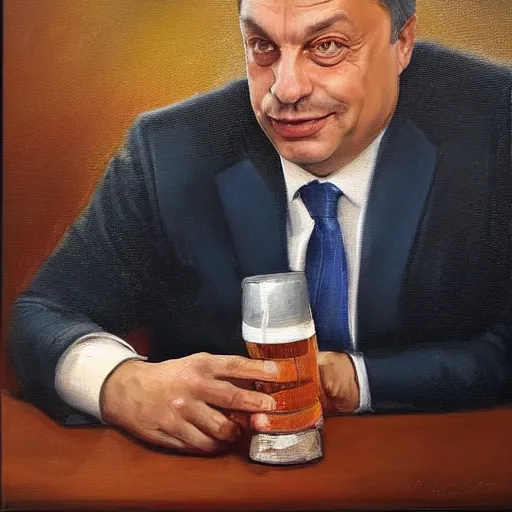 Image similar to viktor orban with a beer, anatomically correct, oil painting, hyper realistic, 8 k, highly detailed