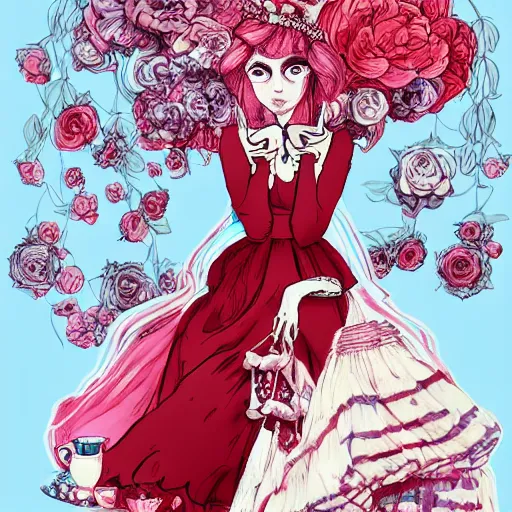 Image similar to Alice in Wonderland at the tea party, she looks like a mix of grimes and zoë kravitz, very long fingernails, childlike, hair and dress billowing dramatically in the wind, wearing heaving stacks of pearl necklaces, surrounded by red and white roses, digital illustration, inspired by a stylistic blend of Æon Flux by Peter Chung, Japanese shoujo manga, and murals by Shepard Fairey, hyper detailed!!! dreamlike, otherworldly and ethereal!!!!, delicate, flower petals, super photorealistic!! extremely fine inking lines, gradient colors