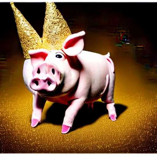 Image similar to !dream studio photograph of a pig wearing a gold crown depicted as a muppet running on fire