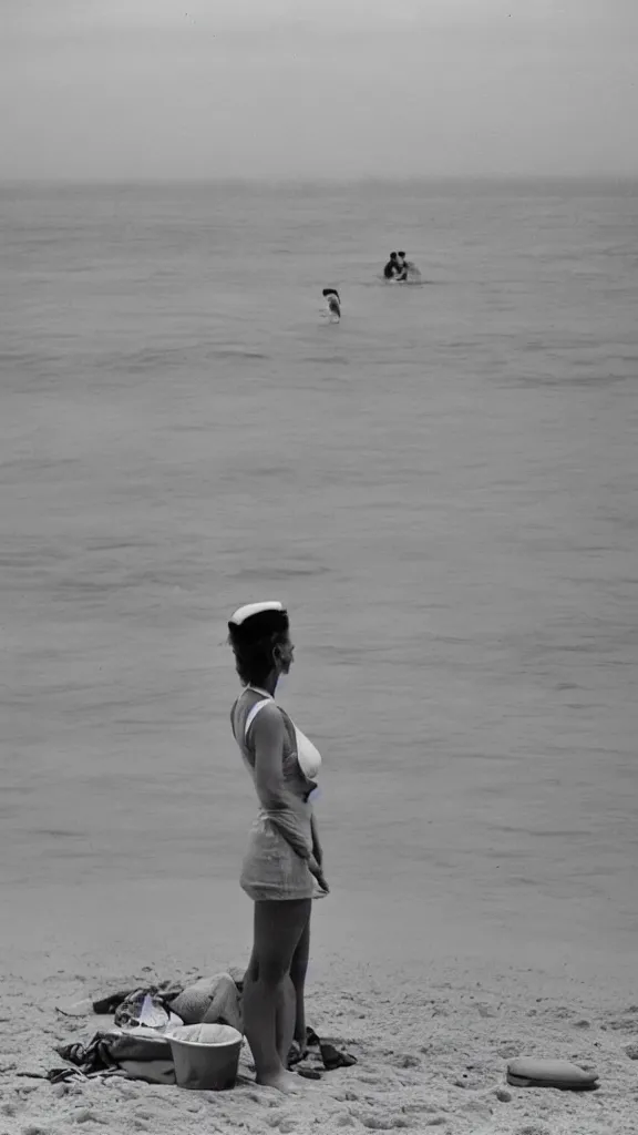 Prompt: a martin parr photo of a woman on the beach