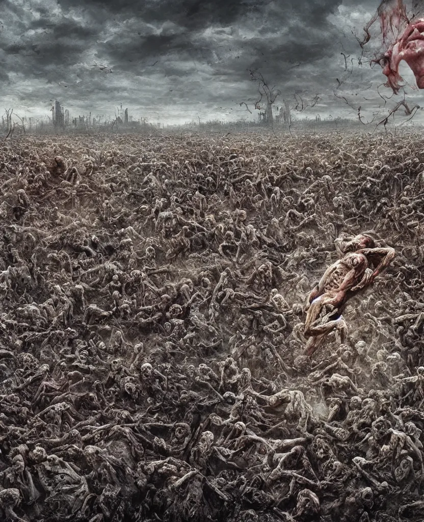 Prompt: endless field stretching to the horizon made from rotten bloody corpses of Nicolas Cage, body horror, flesh, blood, grotesque hell, highly detailed, vivid colors, dark shadows, contrast, concept art, sharp focus, digital art, Hyper-realistic, 4K, Unreal Engine, Highly Detailed, Dramatic Lighting, Beautiful, by Brom, bastien lecouffe-deharme