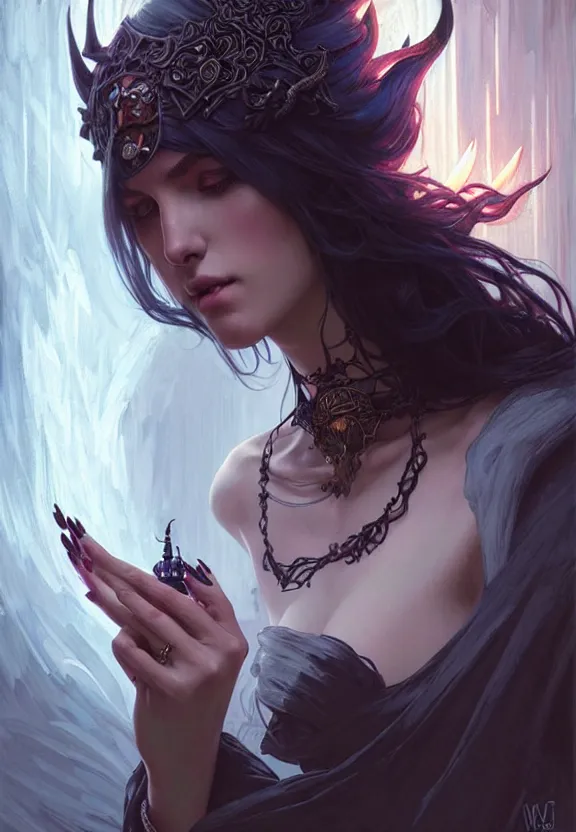 Image similar to Necromancer Sorceress in center, fantasy magic, undercut hairstyle, dark light night, intricate, elegant, sharp focus, illustration, highly detailed, digital painting, concept art, matte, art by WLOP and Artgerm and Greg Rutkowski and Alphonse Mucha, masterpiece