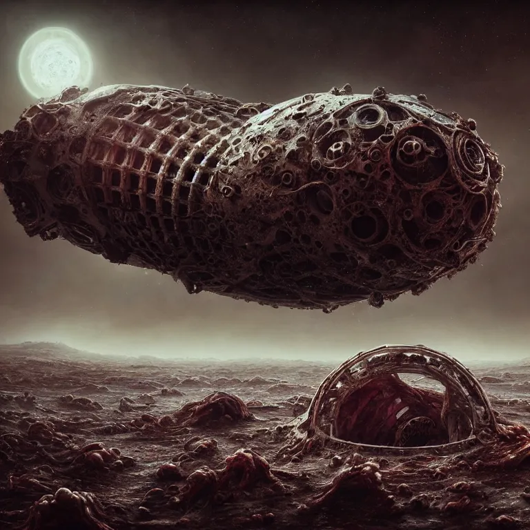 Image similar to ribbed abandoned biomechanical organic crashed spaceship in the shape of C on exoplanet in a desolate empty wasteland, covered with organic flesh, meat, creepy, nightmare, dream-like heavy atmosphere, surreal abandoned buildings, baroque painting, beautiful detailed intricate insanely detailed octane render trending on Artstation, 8K artistic photography, photorealistic, chiaroscuro, cinematic volumetric light, Raphael, Caravaggio, Beksinski, Giger