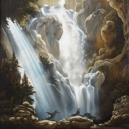 Image similar to oil painting of a dragon flying in the air near a cave with a waterfall in the center, light emanating from the waterfall leading to a big pool of water, dragon has black and white siberian tiger stripes, elegant, sharp focus, wide shot, clear, detailed, early renaissance