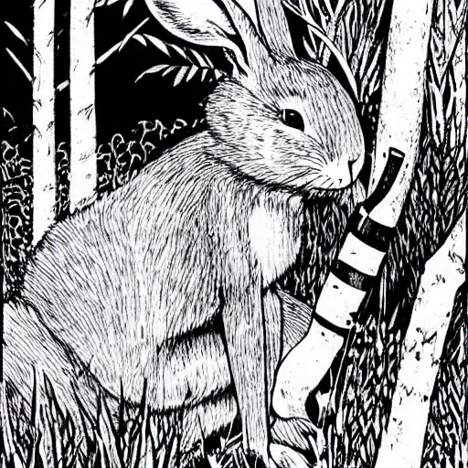 Prompt: a rabbit smoking a cigarette deep in the forest, striking pose, black and white illustration, creative design by junji ito